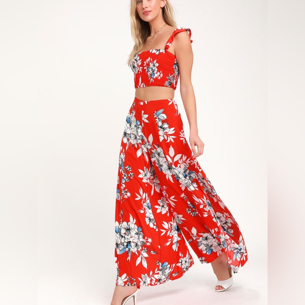 All Abloom Red Orange Floral Print Two-Piece Jumpsuit
